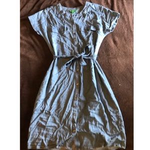 Blue shift dress with tie